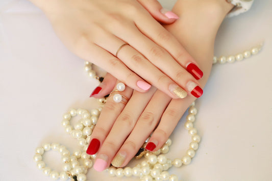 Gold Glitter, Pink and Burgundy Red French Manicure with Clear Top