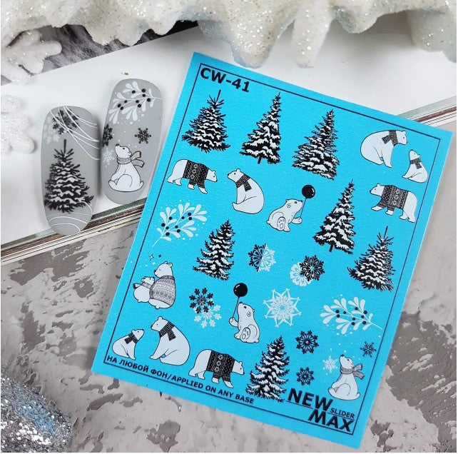 Polar Bear in Sweater Christmas Tree, Snowflakes Black and White