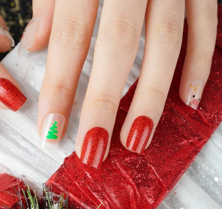 Reindeer Face and Christmas Tree Clear Background Negative Space with Red Glitter