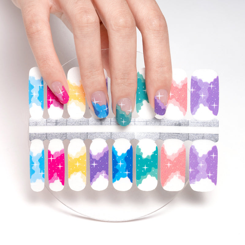 Colorful Rainbow French Manicure with Sparkles Yellow, Blue, Pink, Green, Purple