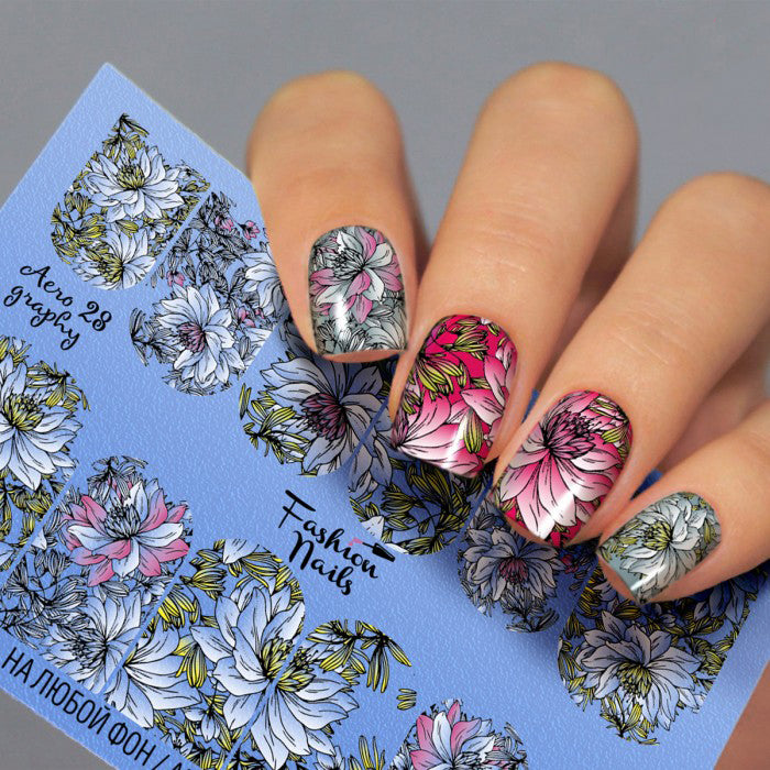 Flowers White and Pink with Leaves Full Nail