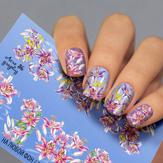 Dark Pink and Purple Flowers Lilies Full Nail