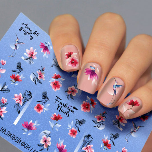 Red and Purple Flowers with White Leaves and Birds