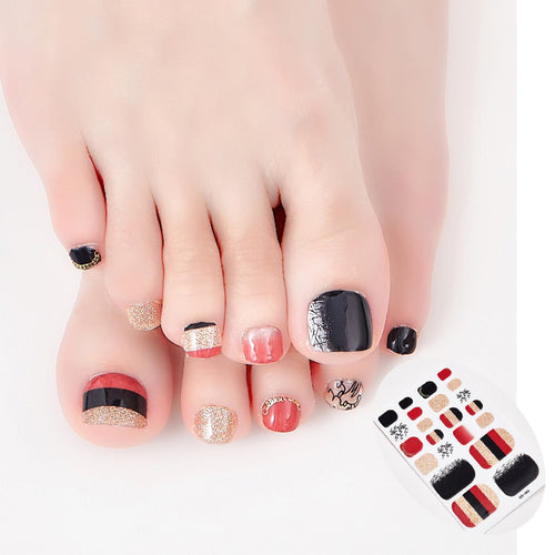 Burgundy Red, Black and Gold Toe Nails