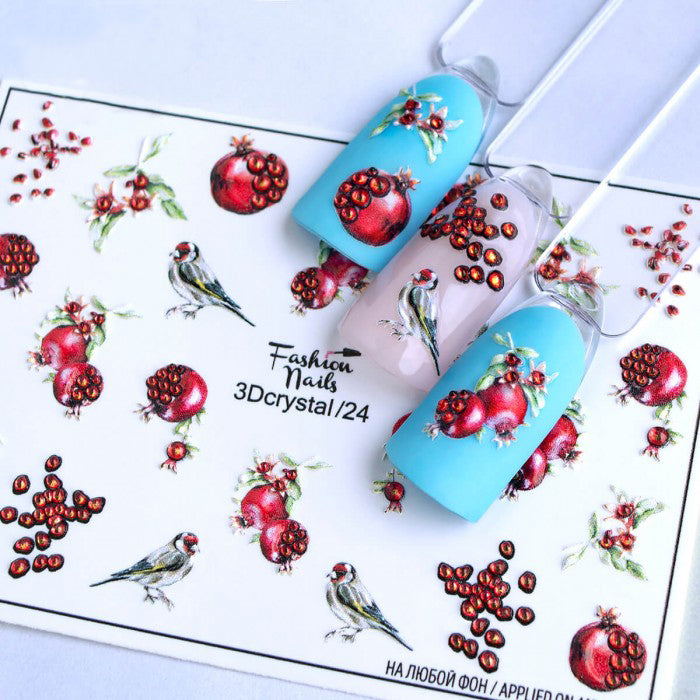 3D Red Pomegranate Seeds and Bird Goldfinch