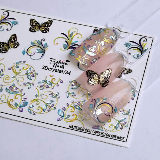 Gold Butterflies with Blue Floral Lace with Leaves and Rhinestones