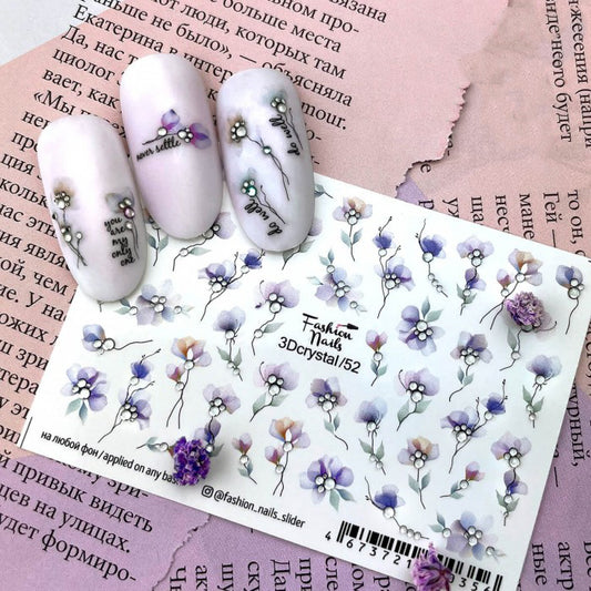 3D Lilac Purple Flowers with Silver Rhinestones