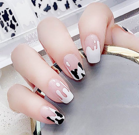 Cow Print Spots and Milk Drops with Clear French Manicure