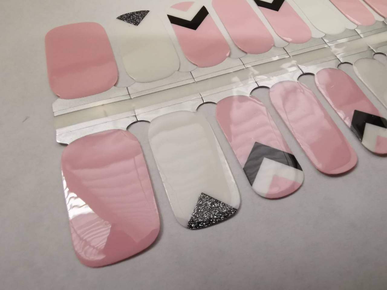 Nail Wraps, Strips, Stickers- Pink and White Style with Silver Glitter - EZ Nails Store