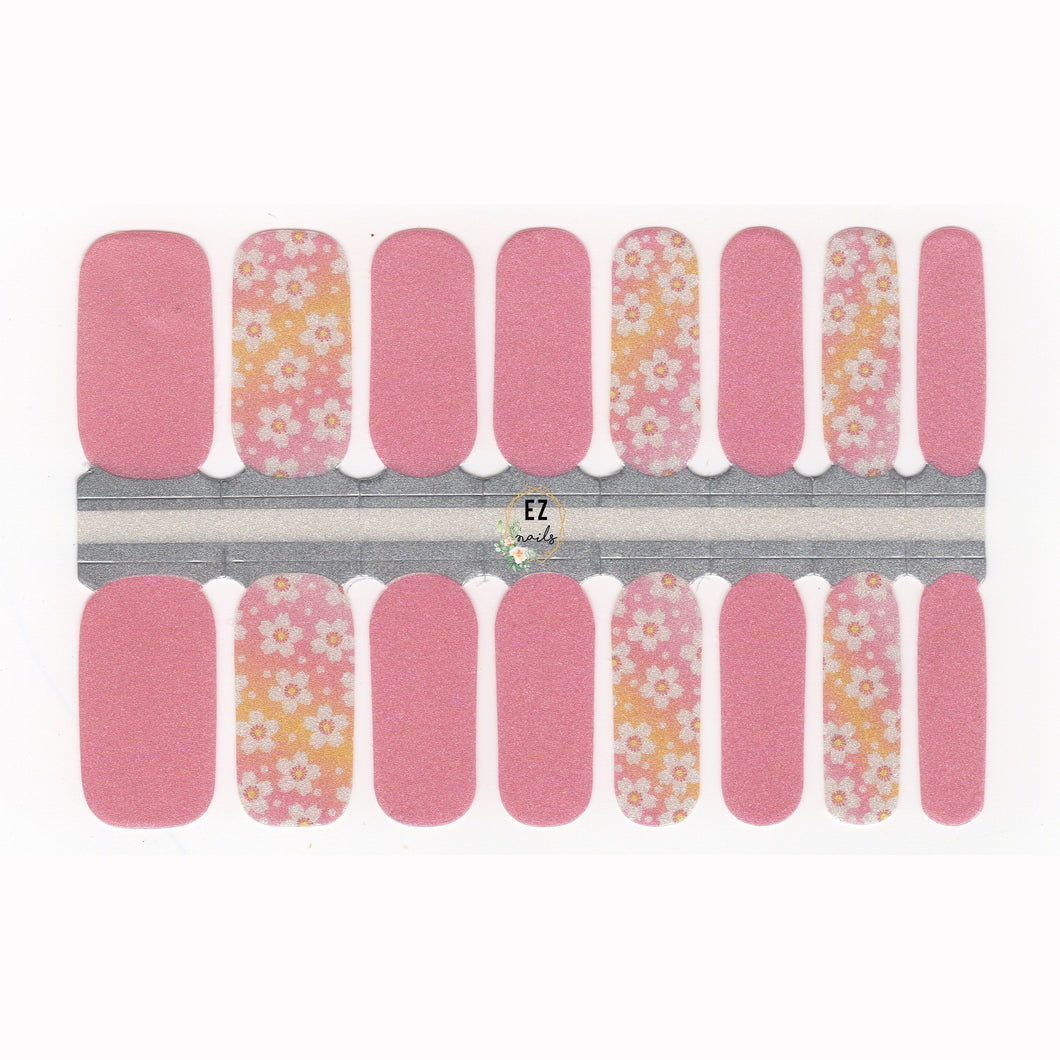 Nail Wraps, Strips, Stickers- Pink Sparkle and Orange Ombre with Flowers - EZ Nails Store
