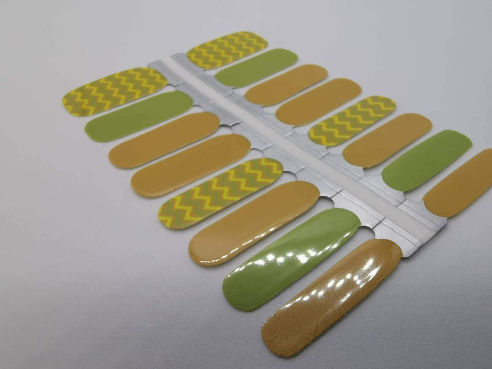 Nail Wraps, Strips, Stickers - Fall Theme Leaf Colors Zigzag Yellow and Green Mustard - EZ Nails Store
