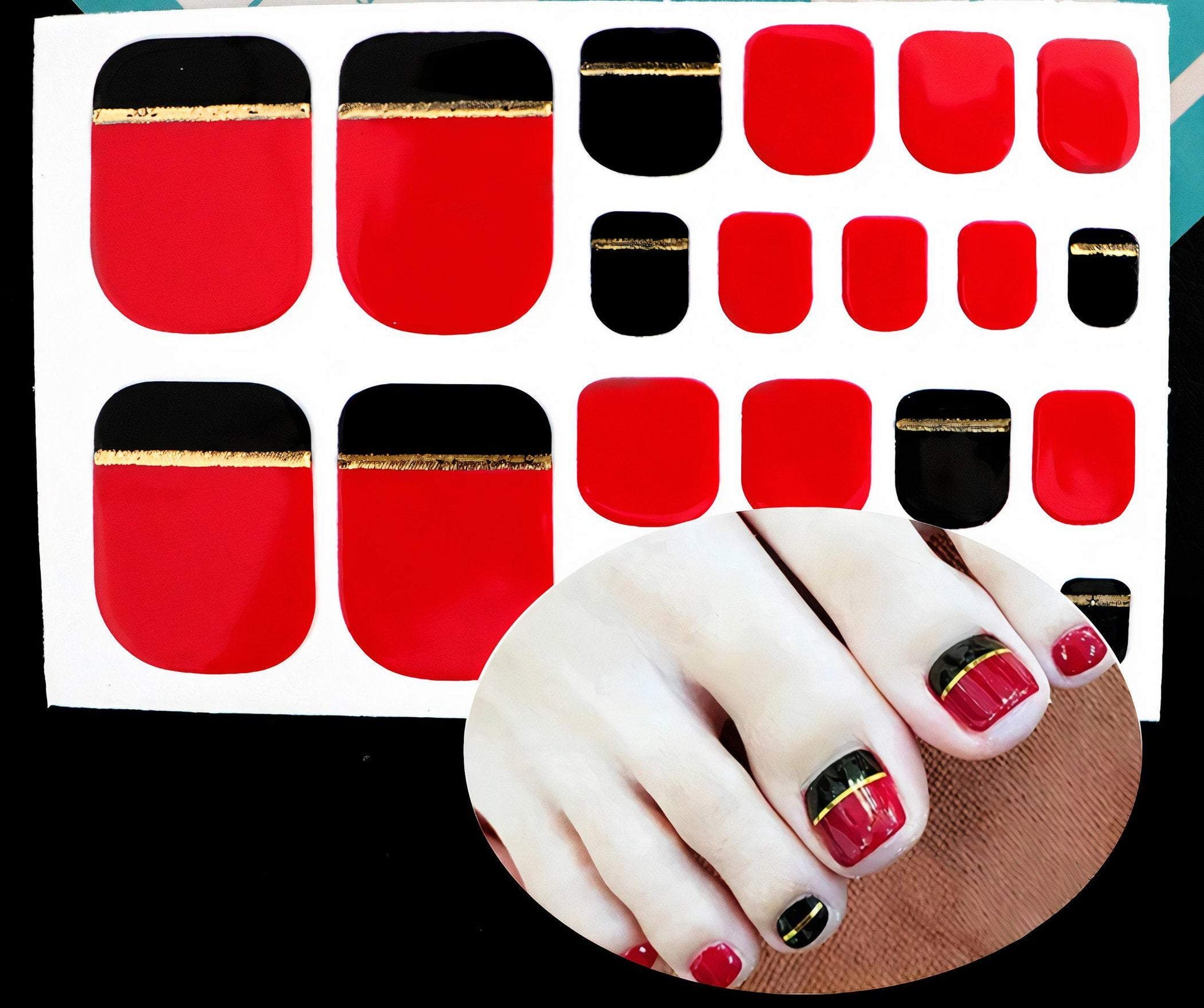 Real Nail Polish Toe Nail Wraps- Red Black and Gold Elegance - EZ Nails Store