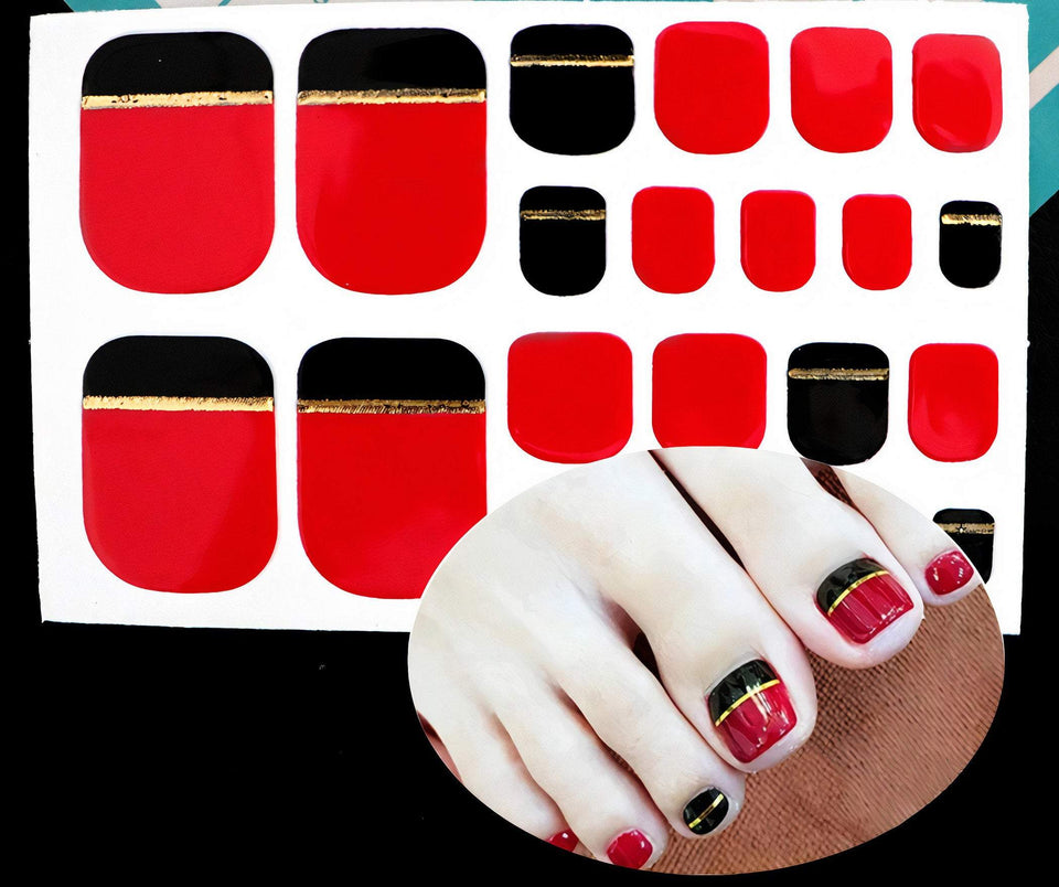 Real Nail Polish Toe Nail Wraps- Red Black and Gold Elegance - EZ Nails Store