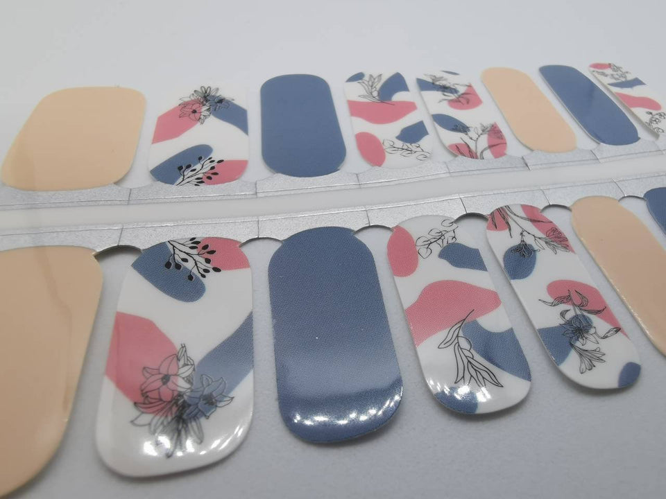 Nail Wraps, Strips, Stickers- Sapphire Blue and Beige Nude Black Flowers - EZ Nails Store