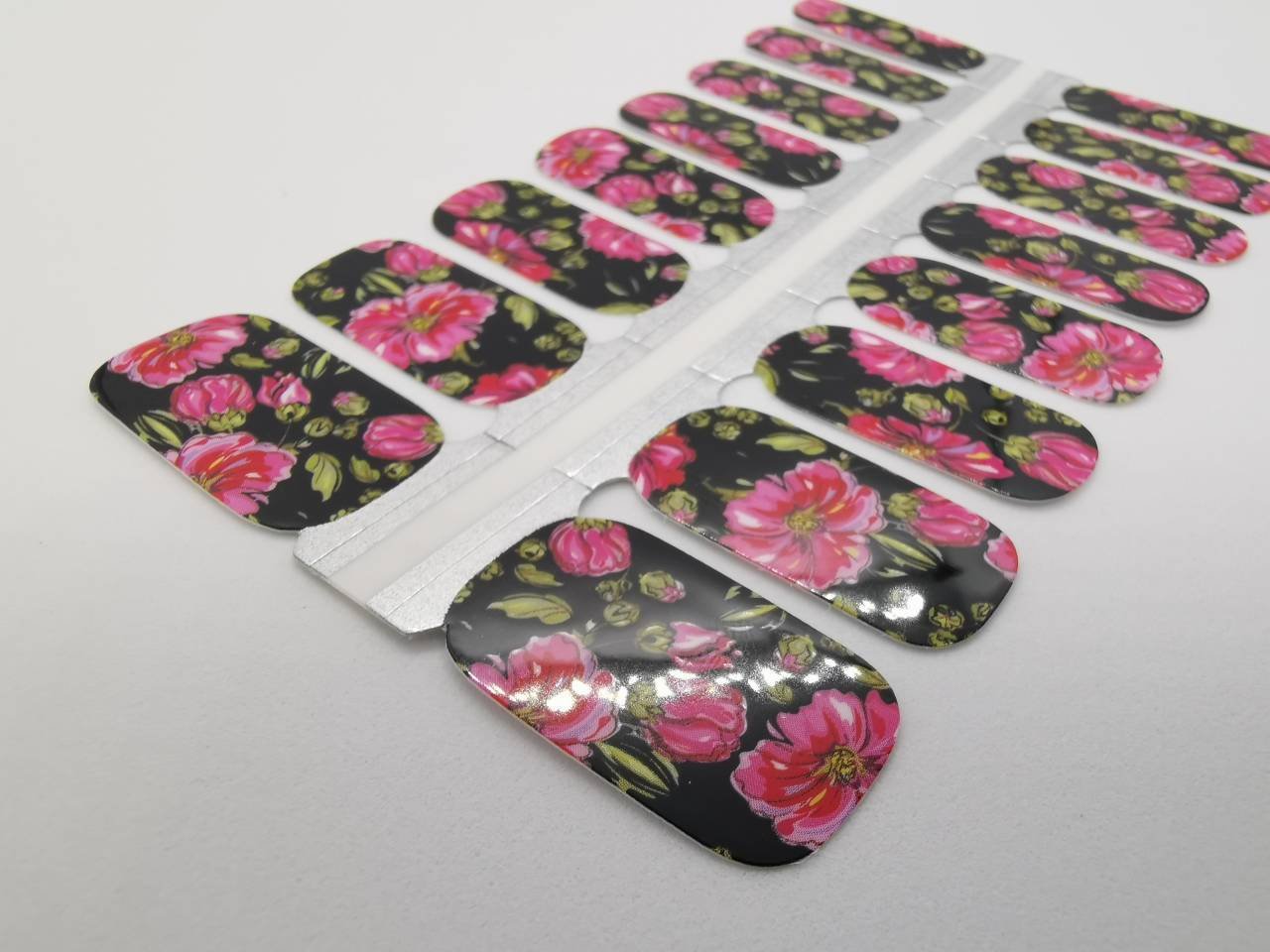 Nail Wraps, Strips, Stickers - Bright Pink Flowers with Black Background - EZ Nails Store