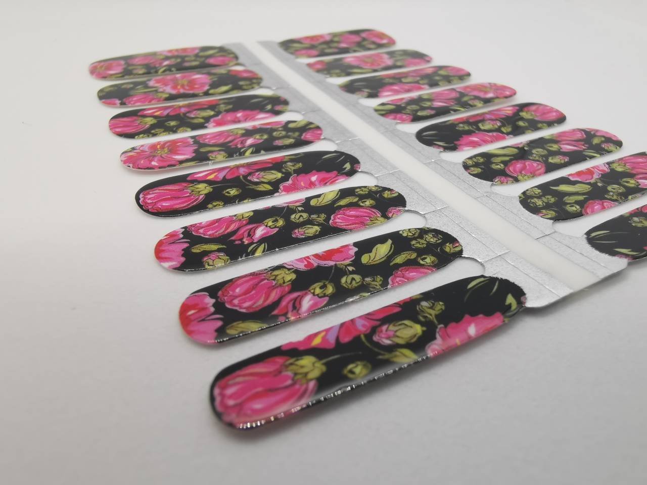 Nail Wraps, Strips, Stickers - Bright Pink Flowers with Black Background - EZ Nails Store