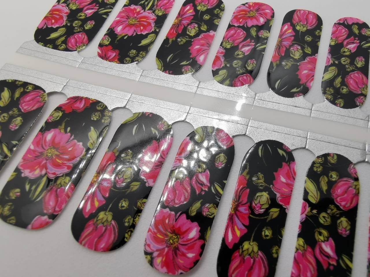 Nail Wraps, Strips, Stickers - Bright Pink Flowers with Black Background - EZ Nails Store