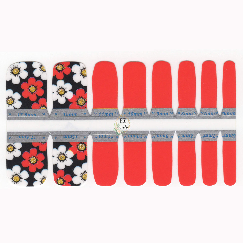 Nail Wraps, Strips, Stickers- Red and White Flowers with Gold Glitter Toe Nail Wraps - EZ Nails Store