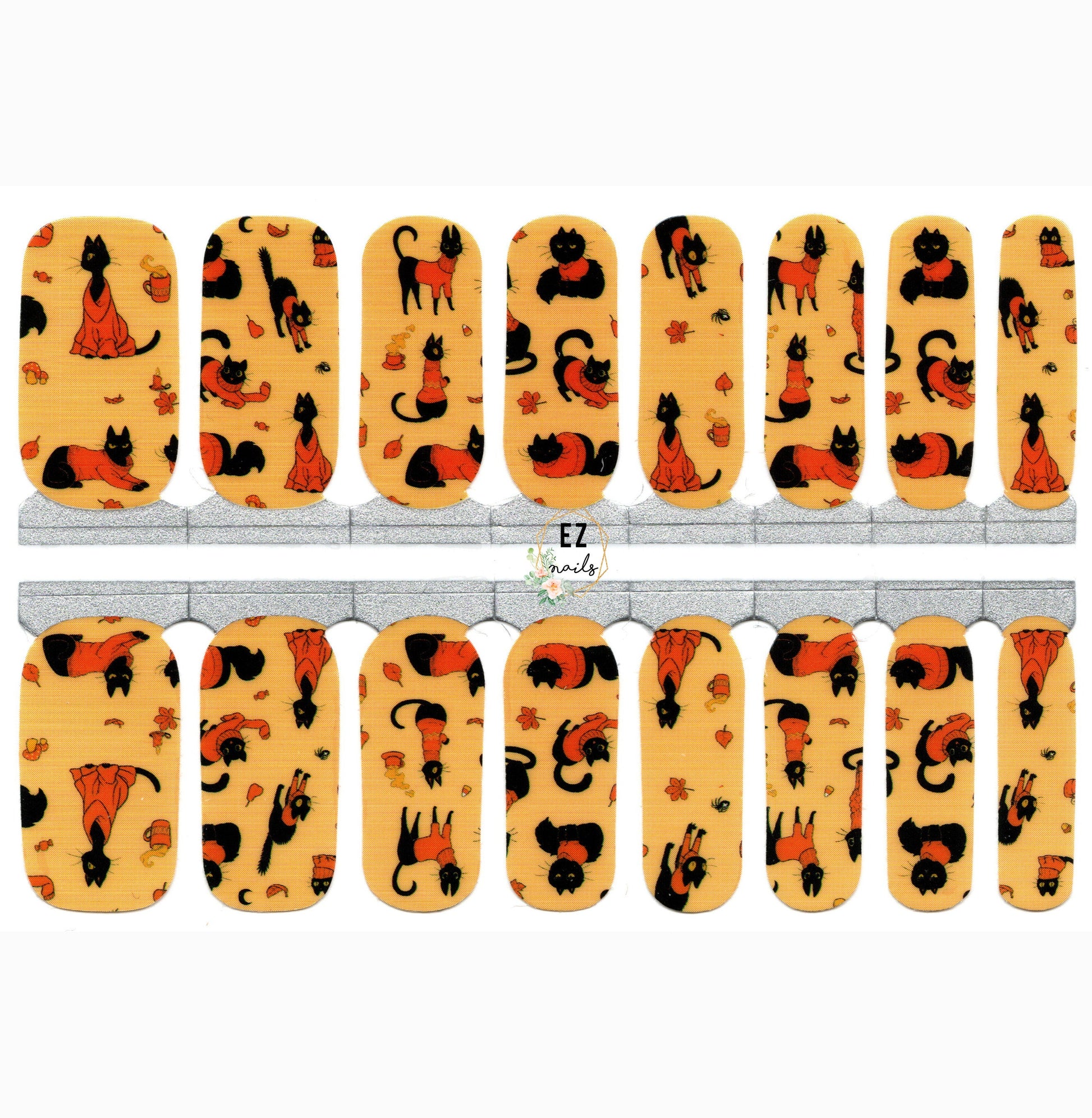Black Cats in Orange Sweaters Fall Theme Halloween EZ Nails