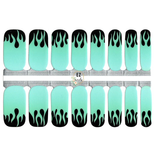 Powder Blue Neon Green Flames with Black Background Halloween