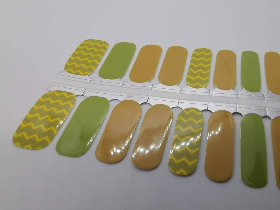 Nail Wraps, Strips, Stickers - Fall Theme Leaf Colors Zigzag Yellow and Green Mustard - EZ Nails Store