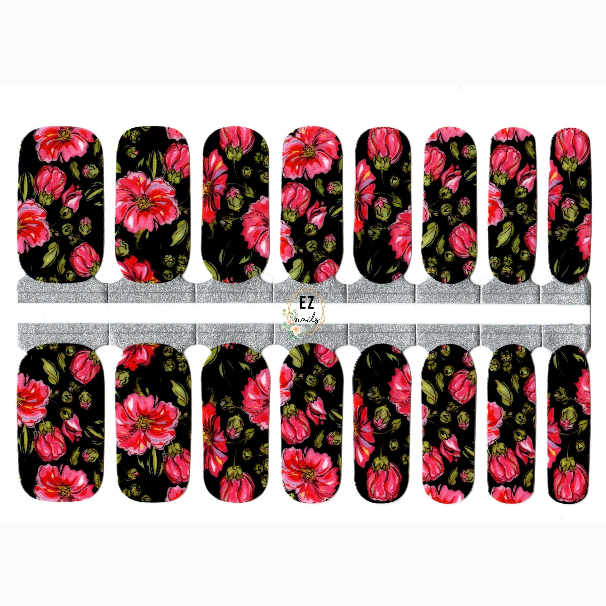 Nail Wraps, Strips, Stickers - Bright Pink Flowers with Black Background - EZ Nails Store