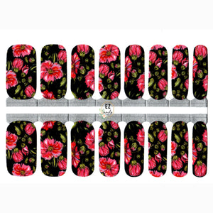 Nail Wraps, Strips, Stickers - Bright Pink Flowers with Black Background - EZ Nails Store