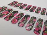 Nail Wraps, Strips, Stickers - Bright Pink Flowers with Black Background - EZ Nails Store