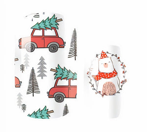 Red Truck with Christmas Trees and White Bear