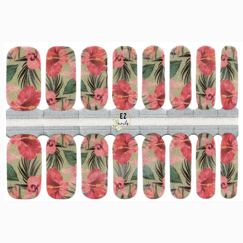 Fleurs d'hibiscus Luau roses avec des feuilles vertes scintillantes