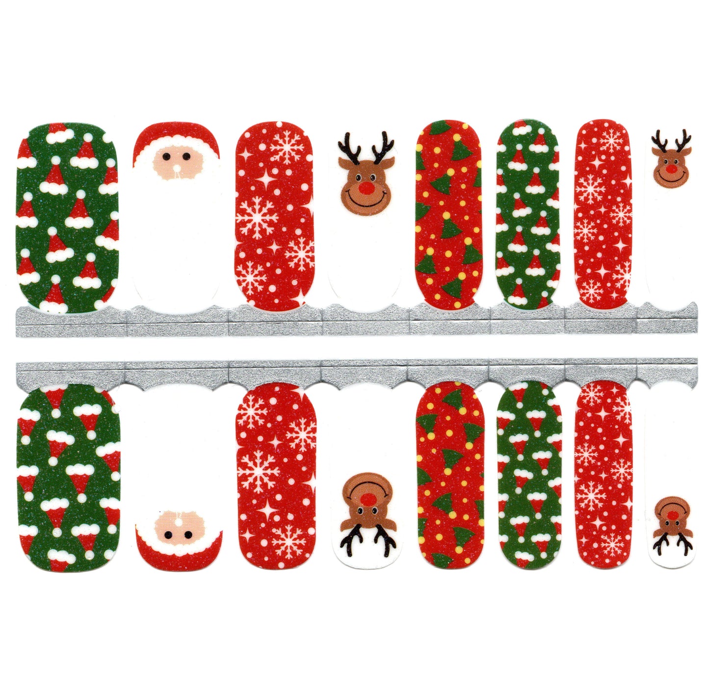 Green Red and White Christmas Hats Santa Claus Reindeer Snowflakes Pattern