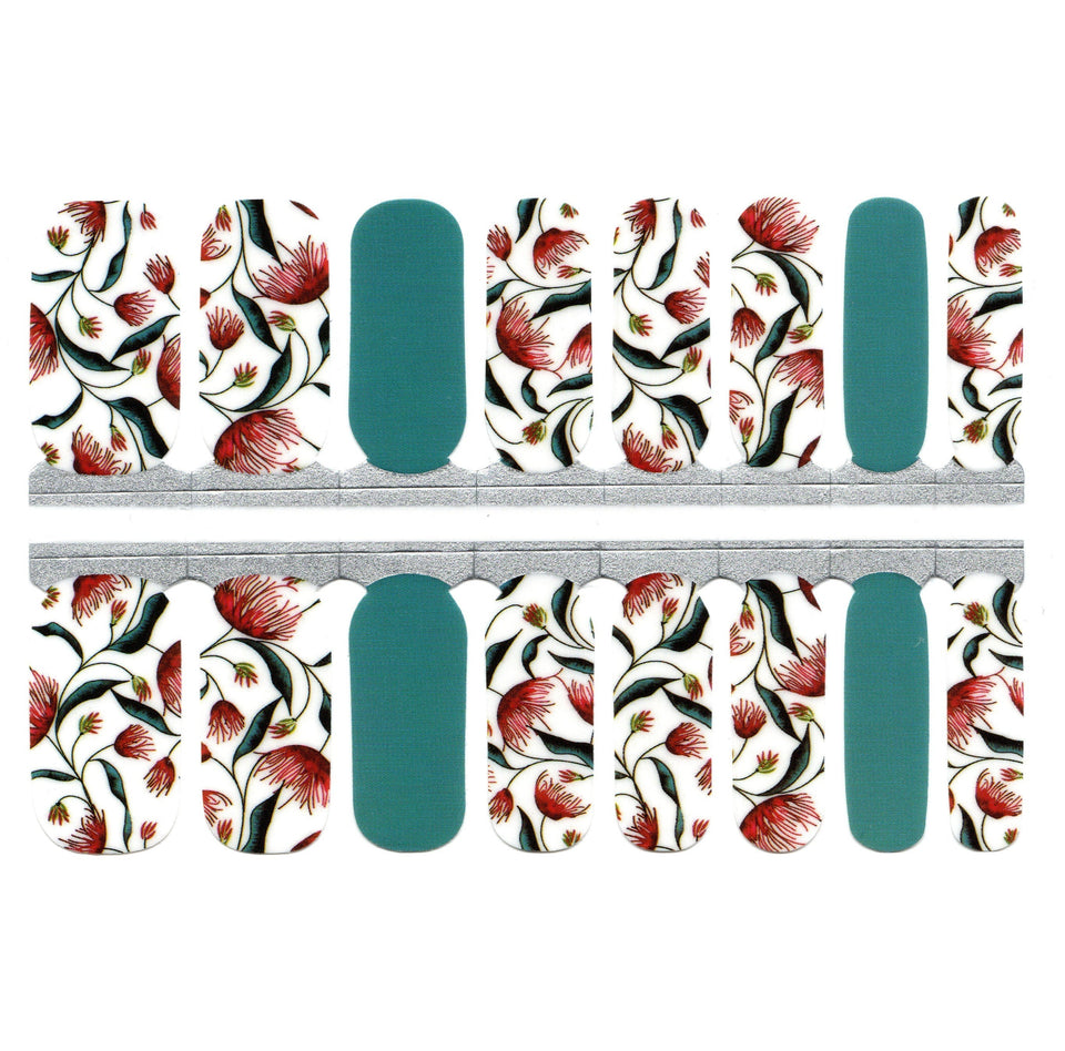 Motif floral bleu sarcelle et rouge avec fond blanc
