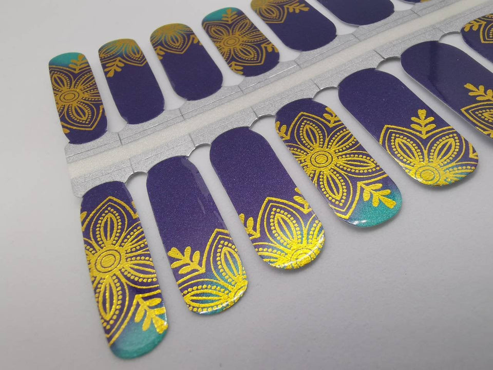 Gold Metallic Foil Floral Pattern with Navy Blue and Robin Egg Blue Ombre Gradient