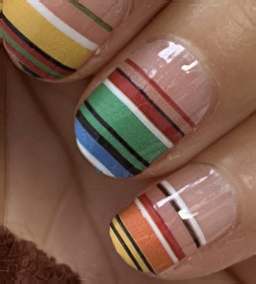 French Manicure Retro Style Striped Orange Red Green Blue and Brown