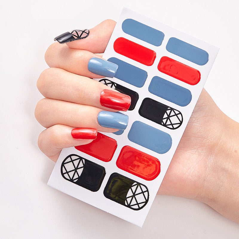 Red and Blue with Black Geometry French Manicure Accent