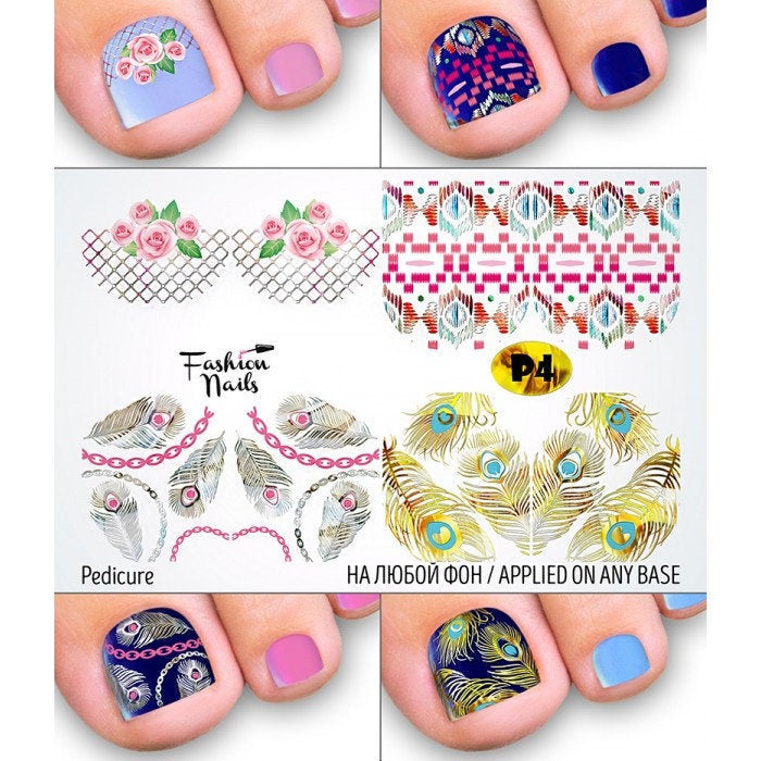 Plumes métalliques or et argent avec chaînes Roses roses Art abstrait Toe Nail Pédicure Waterslide Nail Stickers