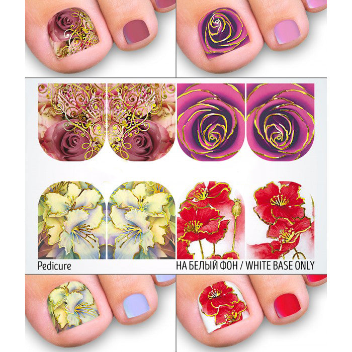 Pedicure Red Poppy, Pink Purple Roses, White Flowers