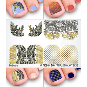 Pedicure Gold Foil Ombre Gradient Abstract Mandala Art with Fireflies and Black Lace Waterslide Nail Decals