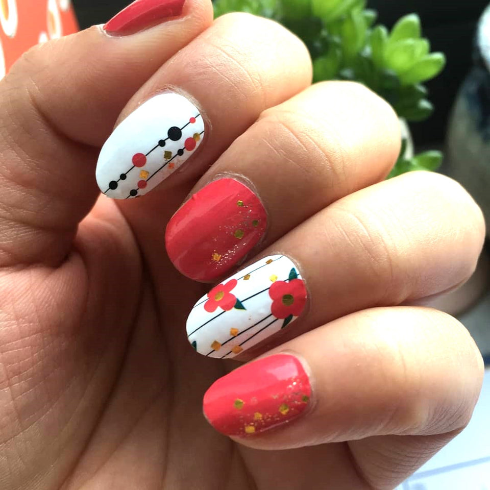 Paillettes et fleurs d'or rouge et blanc