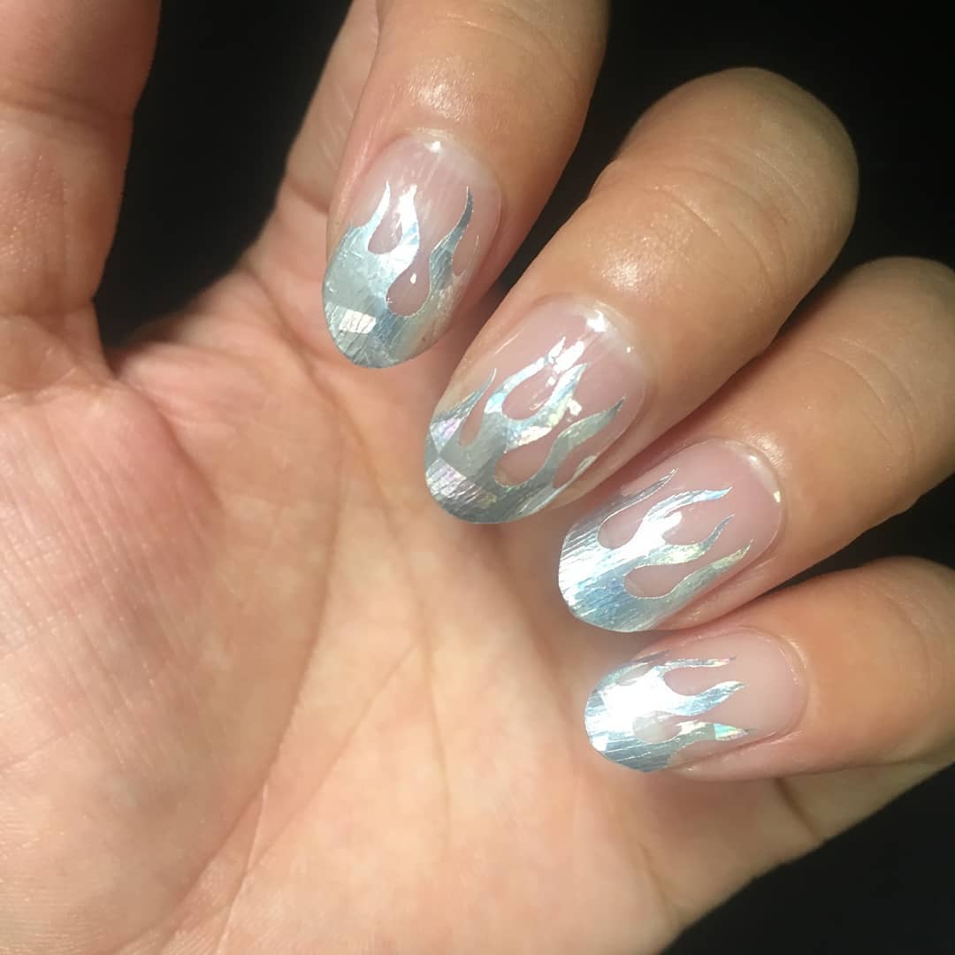 Rosy Brown Silver Iridescent Holographic Flame French Manicure