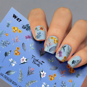 Navy Blue Leaves and Yellow Purple Spring Flowers